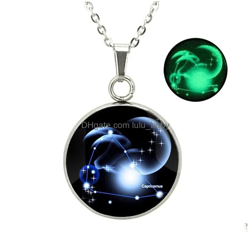 glow in the dark 12 zodiac sign necklaces for women men stainless steel horoscope glass cabochons pendant chains fashion luminous