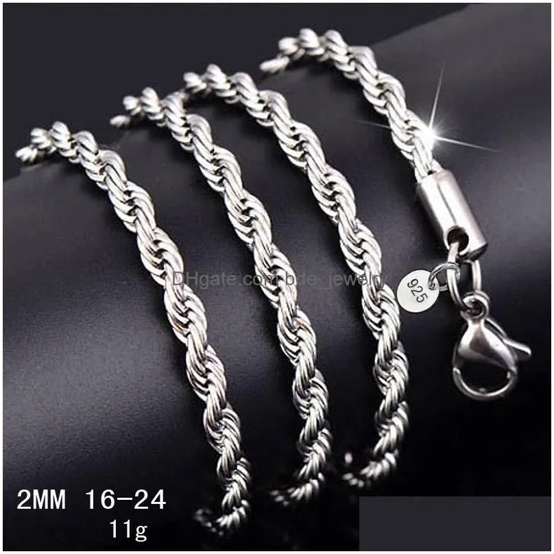 16-30inches 2mm 925 sterling silver twisted rope chain necklace for women men fashion diy jewelry in bulk