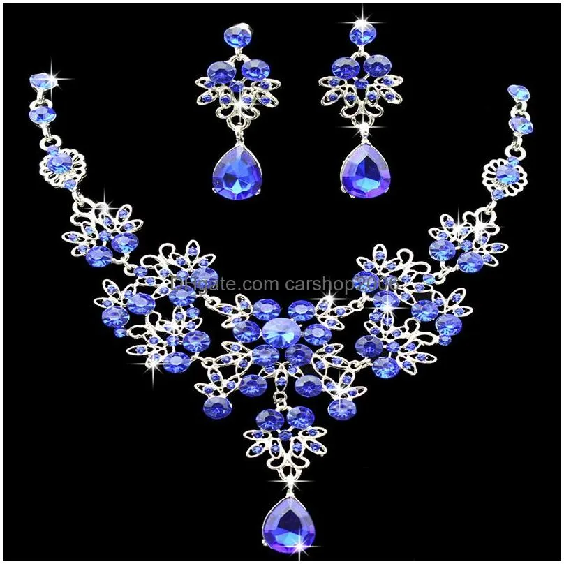 6 colors women bling crystal bridal jewelry set silver diamond wedding statement necklace dangle earrings for bride bridesmaids