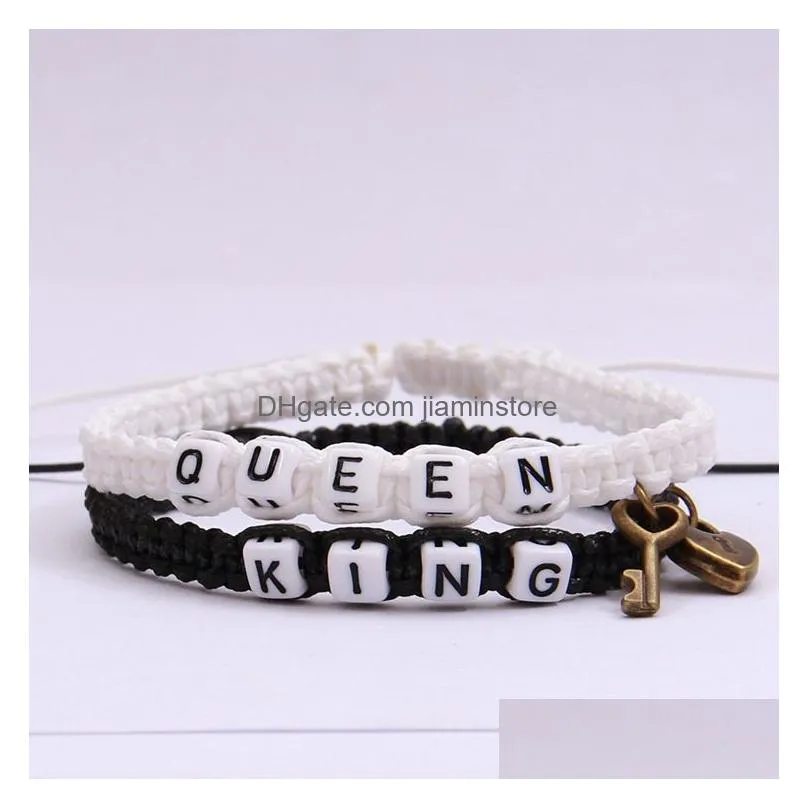 2pcs/lot her king and his queen charm couple bracelets for women men vintage key lock braided rope wrap bangle fashion lovers jewelry