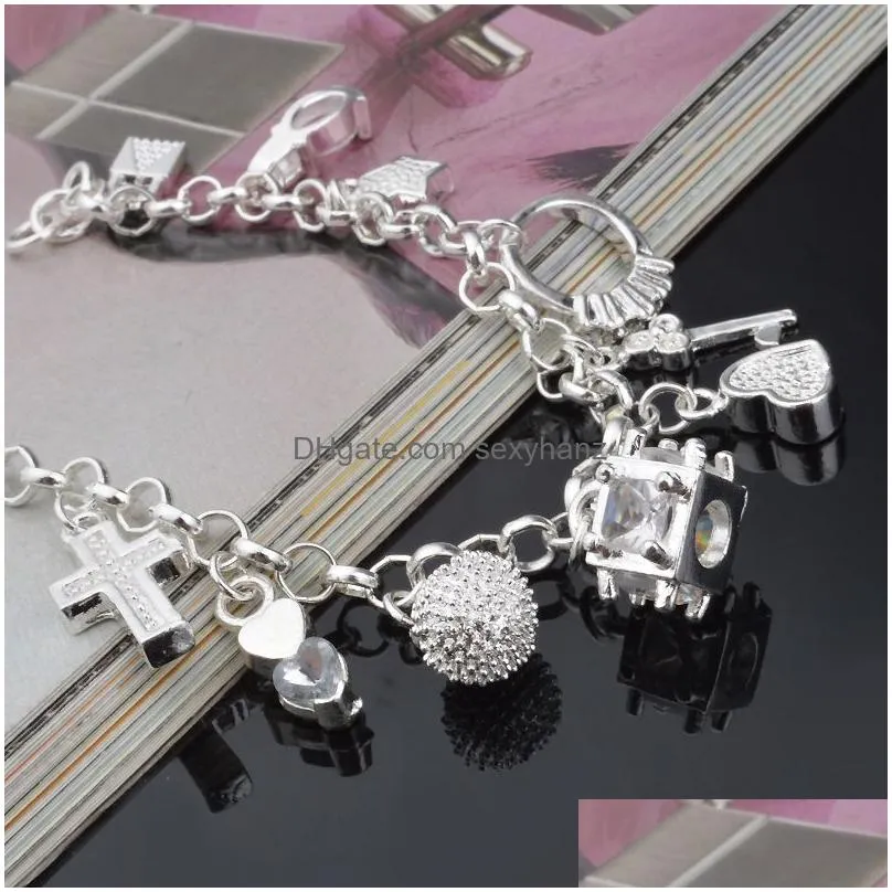 luxury 925 sterling silver chains bracelets key lock cross rings star moon love heart charm lobster clasp bangle for women fashion