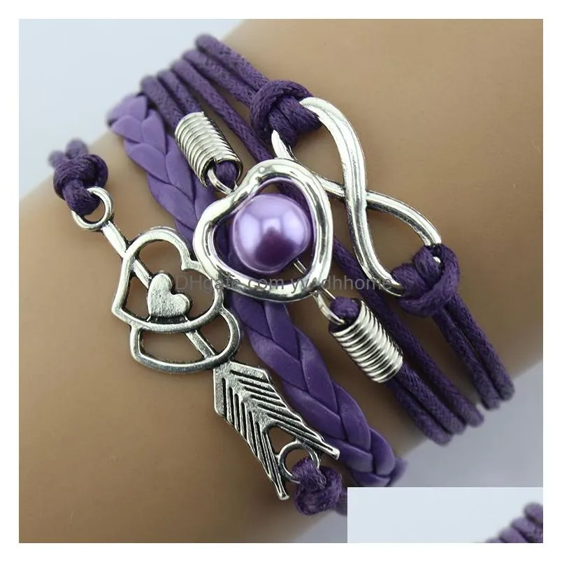 fashion infinity love heart pearls charm bracelets for women men cupids arrow braided leather chain wrap bangle handmade jewelry in