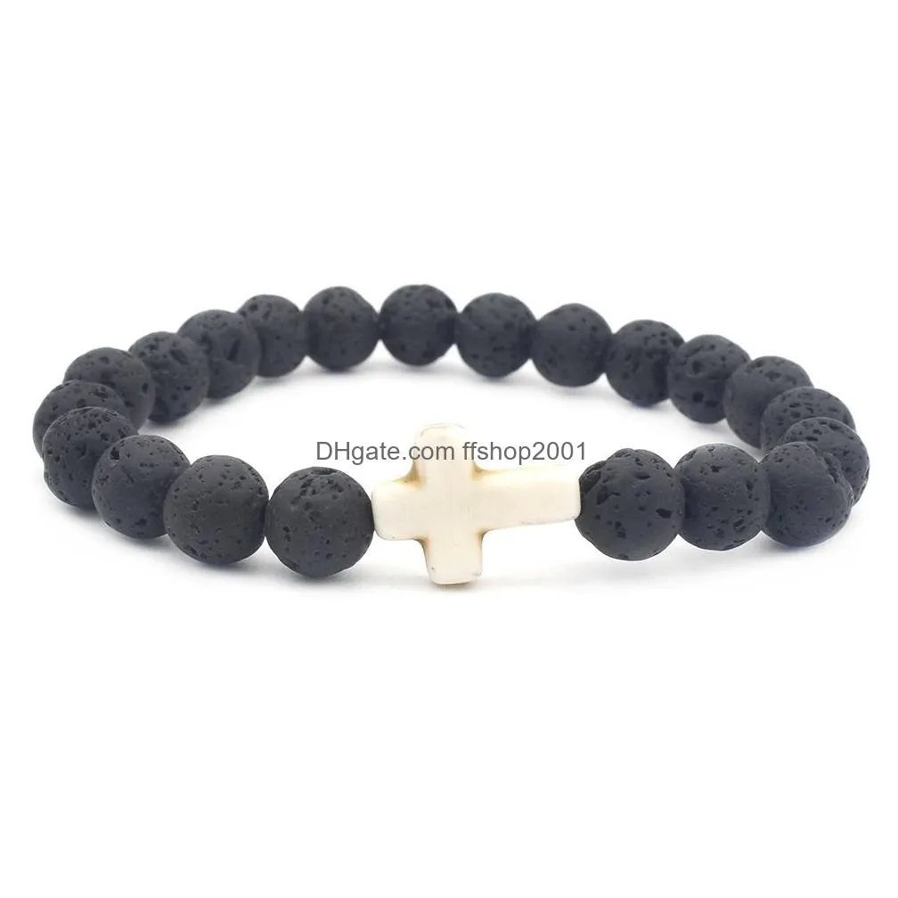 mens lava rock cross charm bracelet black natural volcanic healing energy stone yoga beads bangle for women fashion jewelry