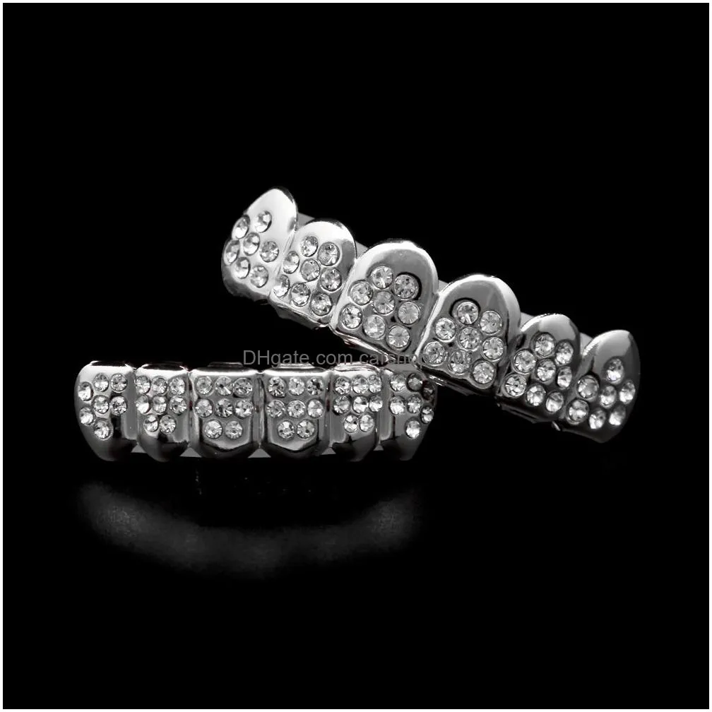 hip hop gold silver 8 diamond teeth grillz set bling iced out false dental grills for women men s hiphop body jewelry accessories