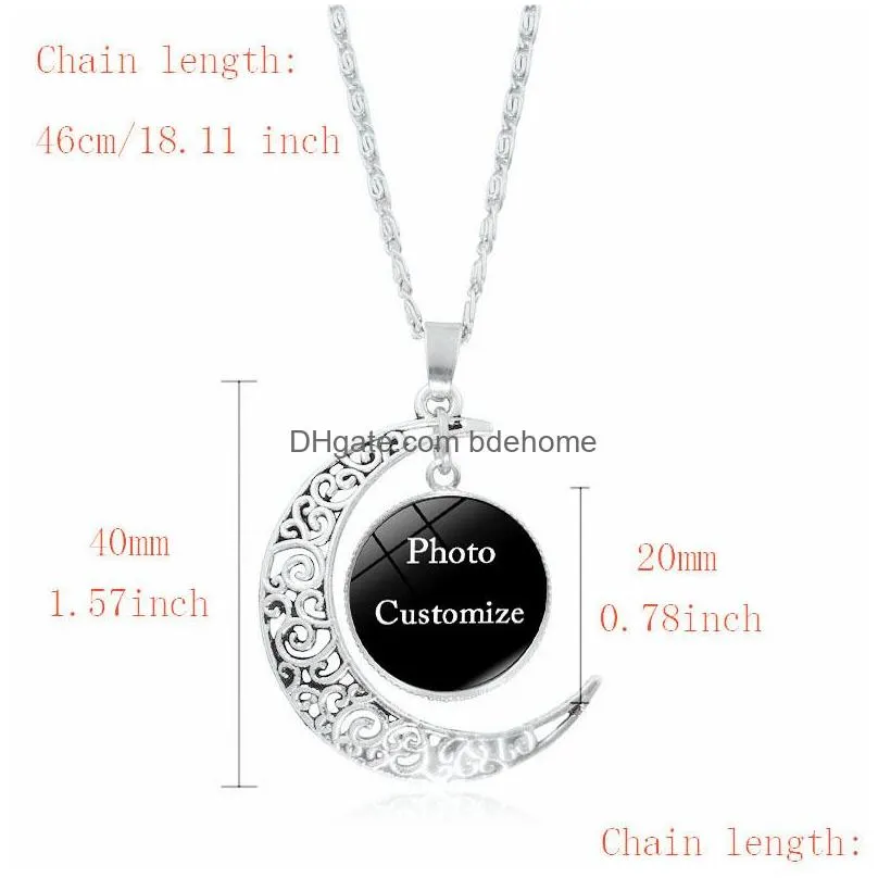 custom made photo pendant moon necklace for women men personalized glass cabochon picture charm chains fashion jewelry gift