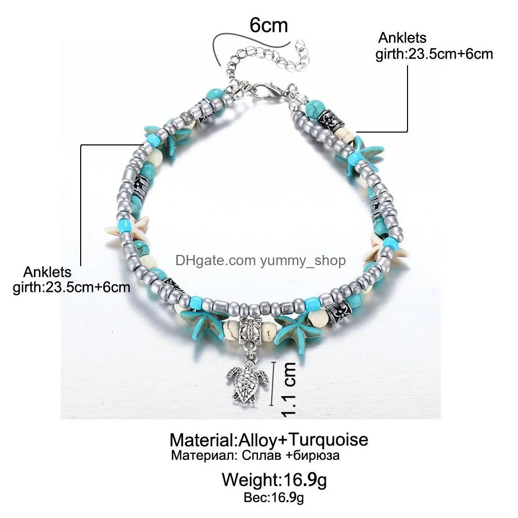  bohemian turquoise anklets bracelets retro elephant turtle starfish tree of life owl heart women beach foot chain for ladies