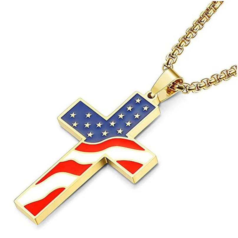 stainless steel american flag cross necklace for men women punk usa flag geometric pendant mens womens necklaces jewelry