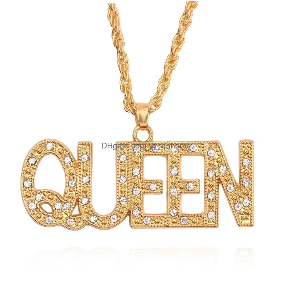 hip hop her king and his queen couple necklaces for women men iced out letter pendant gold chains hiphop rapper jewelry gift