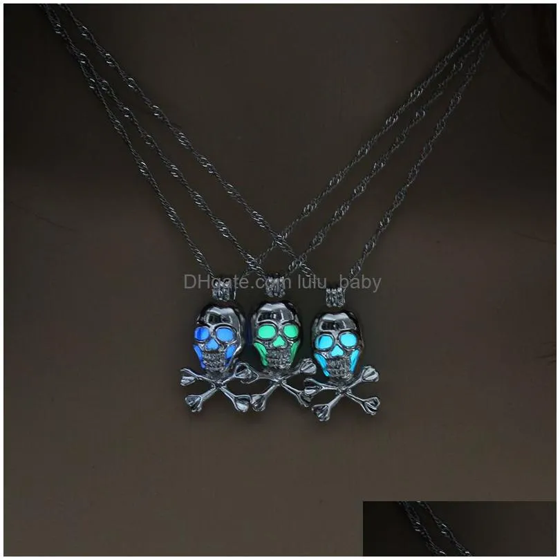 fashion glow in the dark skull pendant necklaces hollow luminous pearl cage lockets skeleton charm necklace for women s halloween