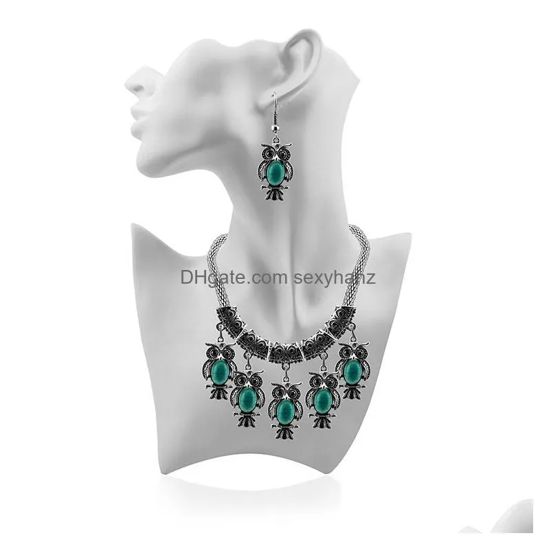 fashion ladies jewelry sets vintage owl turquoise statement necklaces earrings jewelry set for women wholesale on sale
