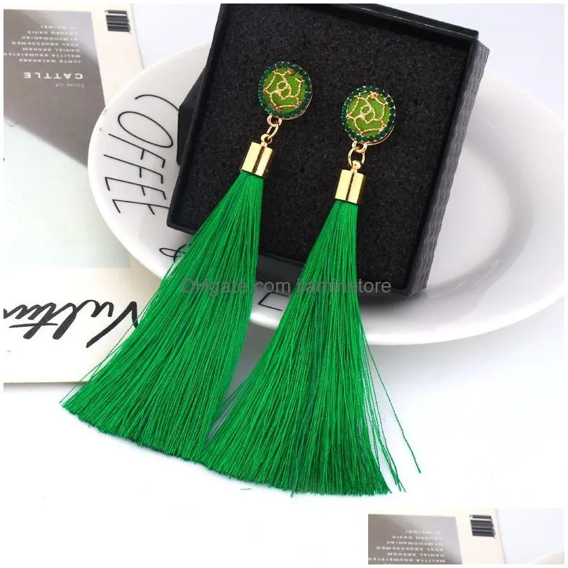 9colors boho ethnic tassel dangle earrings for women geometric crystal rose flower sign long silk fringed dangle statement earring