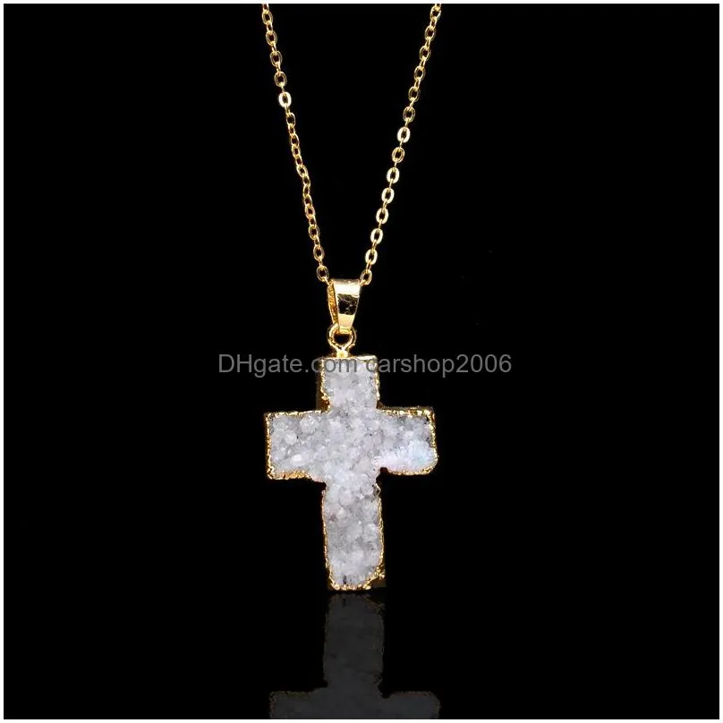  natural stone cross pendant necklace crystal healing point chakra gemstone druzy crucifix charm chain for women fashion jewelry