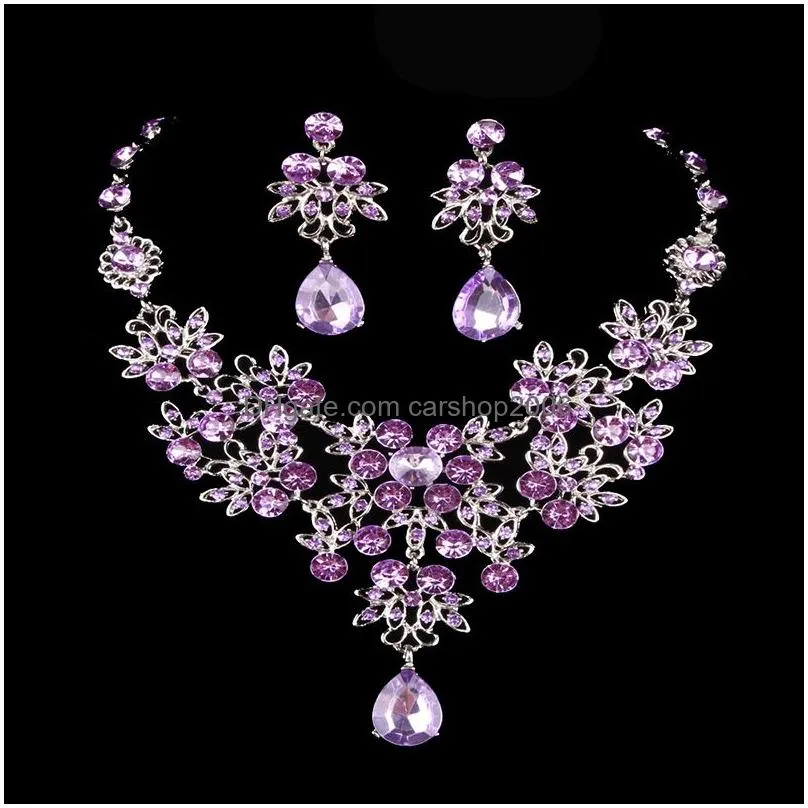 6 colors women bling crystal bridal jewelry set silver diamond wedding statement necklace dangle earrings for bride bridesmaids