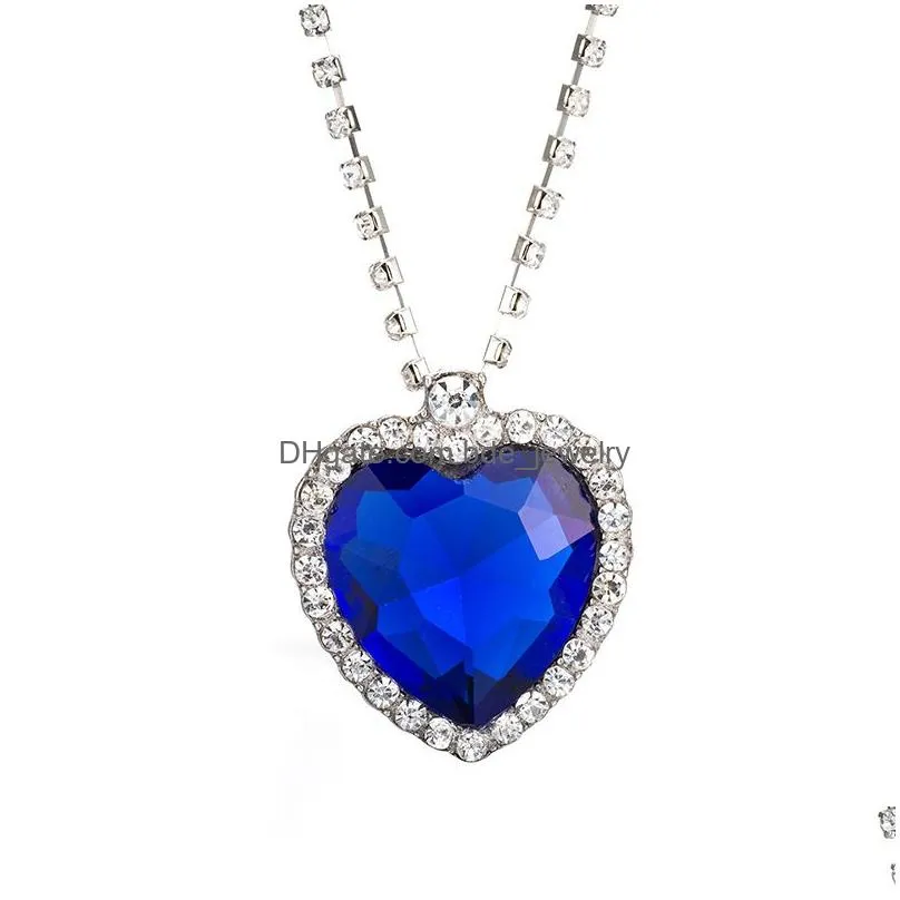 romantic the heart of ocean necklace for women blue red crystal heart shape with lovers gemstone pendant necklaces titanic jewelry