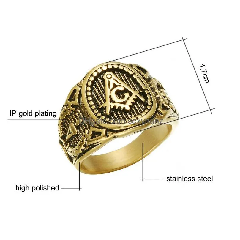 2017 stainless steel mens masonic rings vintage titanium steel hip hop mens rings for male punk jewelry gift