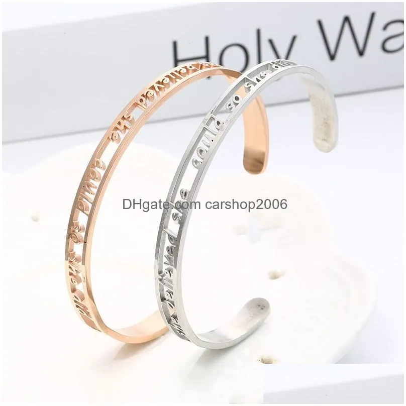 she believed she could so she did cuff bangle for women hollow inspirational letter stainless steel open bracelets fashion jewelry