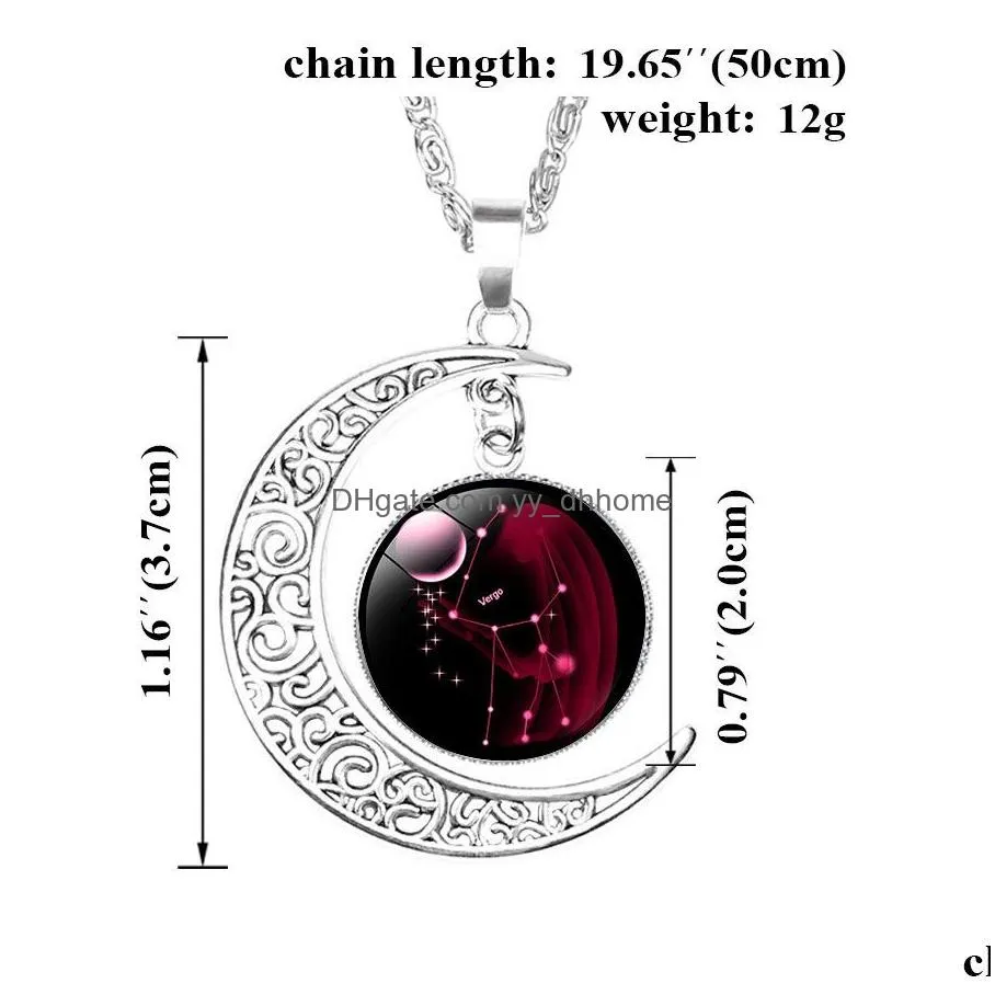  12 zodiac sign pendant moon necklaces for women glass cabochon constellation charm chains fashion jewelry gift