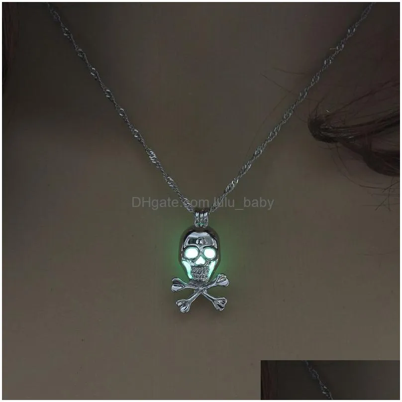 fashion glow in the dark skull pendant necklaces hollow luminous pearl cage lockets skeleton charm necklace for women s halloween