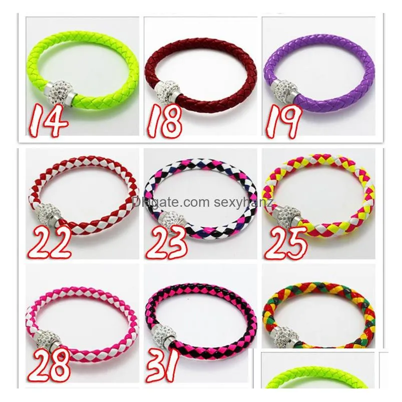 2016 braided bracelets pu leather magnetic button bracelet cz disco crystal bead bangle multicolor handcraft gift