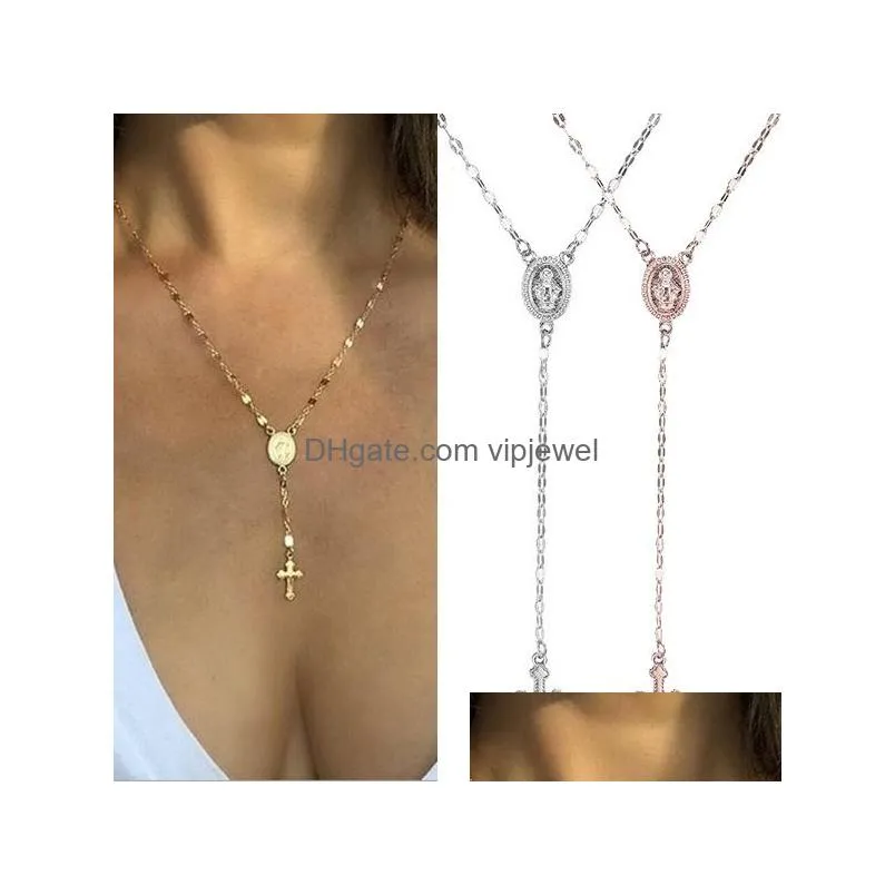  cross rosary necklace for women virgin mary virgin religious jesus crucifix pendant gold silver rose gold chains fashion jewelry