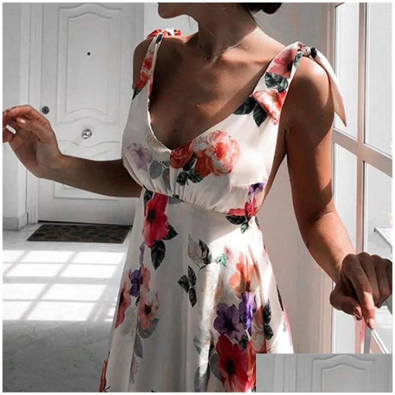 floral print dresses women summer sleeveless v-neck backless vintage long boho party cocktail casual loose beach pink dress 2019