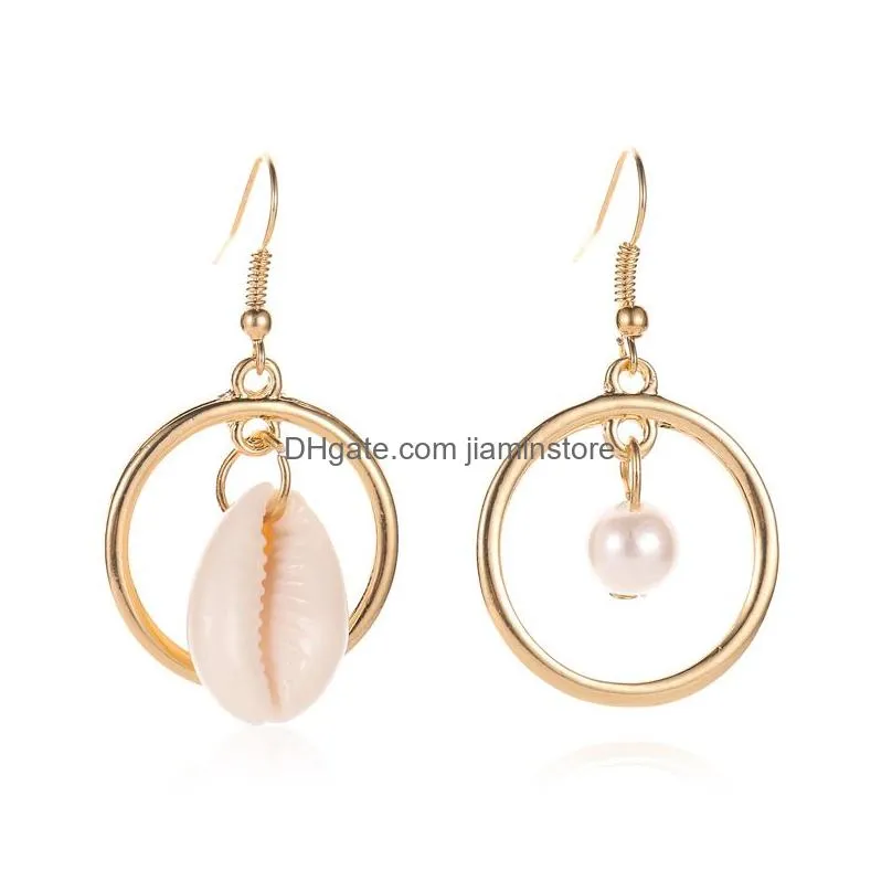 european and american asymmetrical beach conch dangle earrings for women round shell faux pearl drop earrings fashion jewelry gift