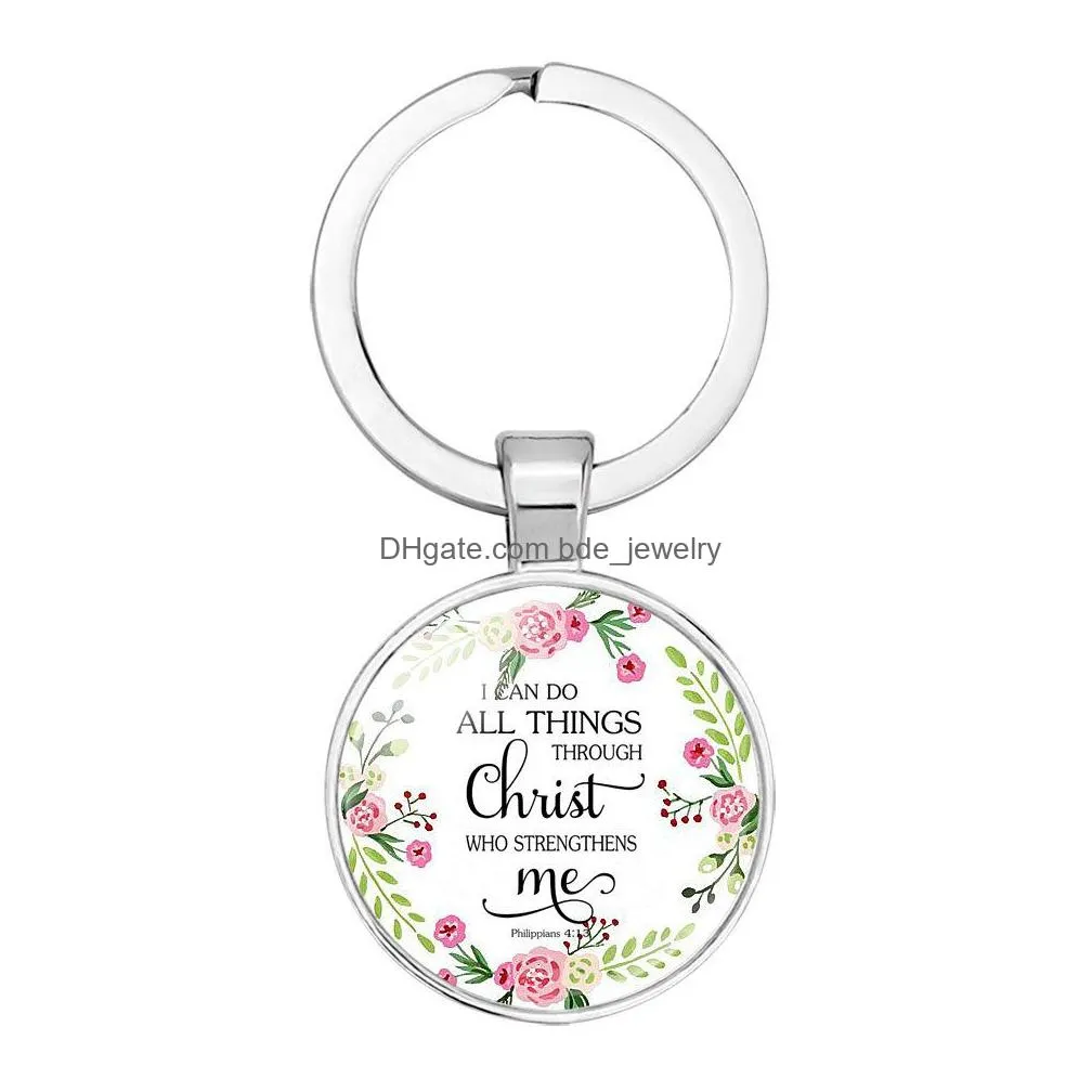  arrival christian scripture keychains women catholic bible rose flower charm key ring chains for men fashion religion jewelry