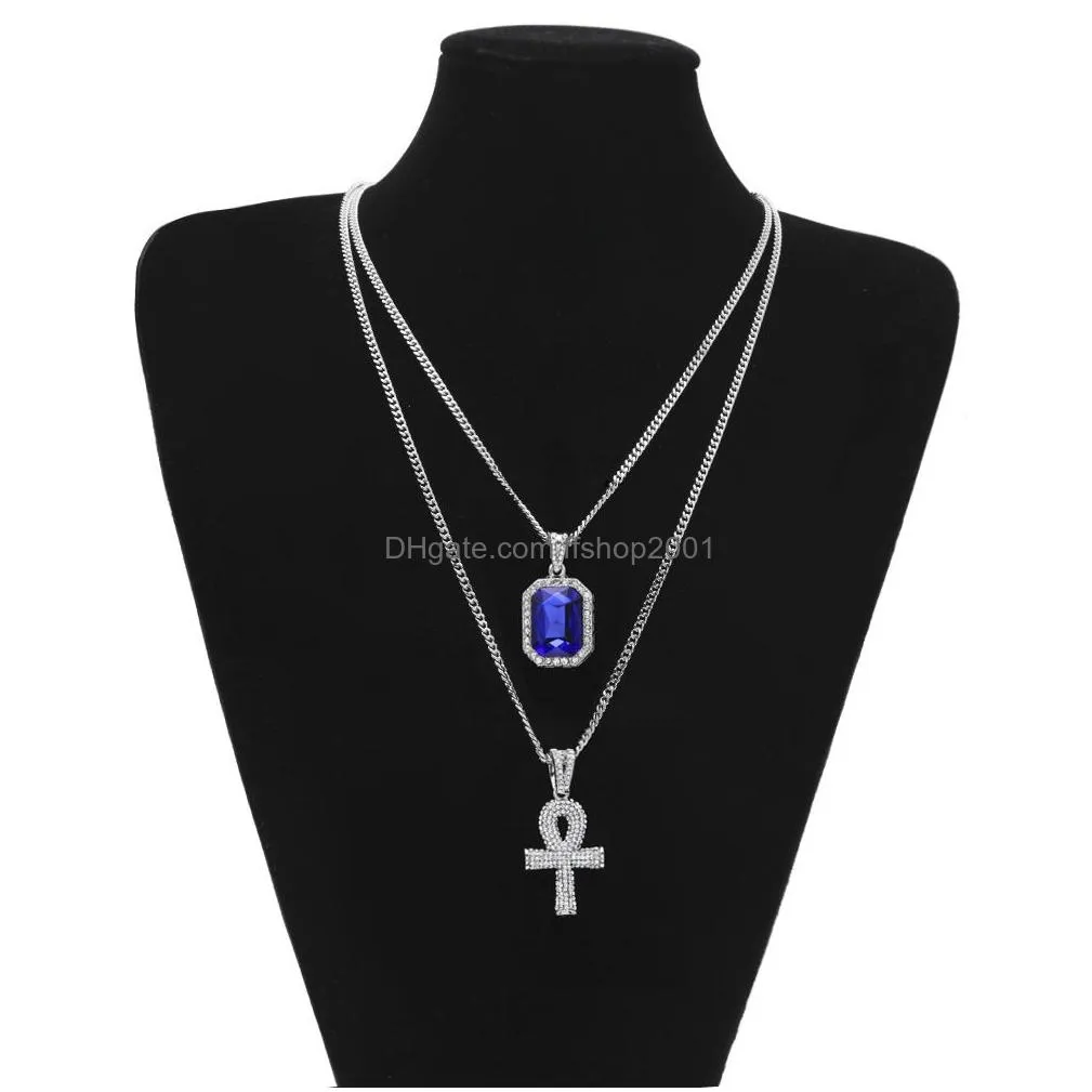 mens egyptian ankh key of life necklace set bling iced out cross mini gemstone pendant gold silver chain for women hip hop jewelry