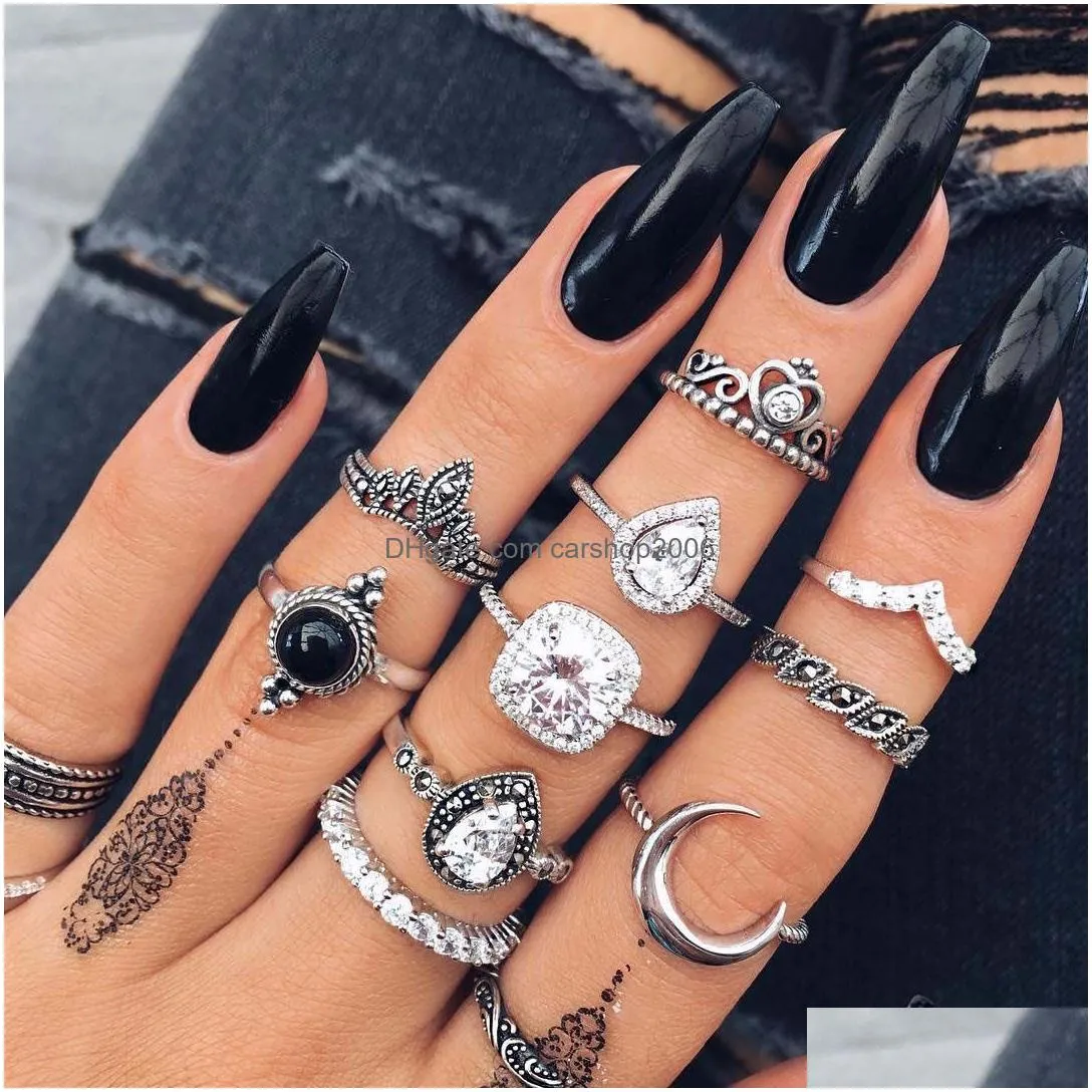 2019 bohemian antique silver midi finger rings set for women crystal diamond turtle cross lotus knuckle rings fashion jewelry in bulk