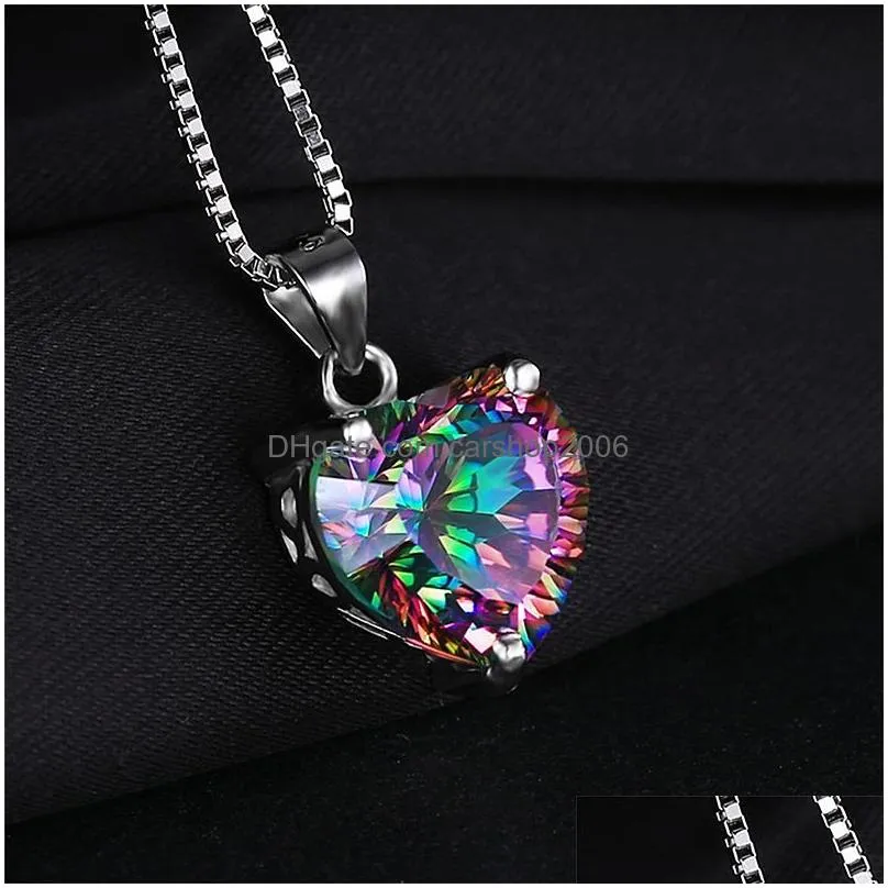 luxury 925 sterling silver heart shaped pendant rainbow cubic zirconia cz gemstone charm box chains for women fashion jewelry
