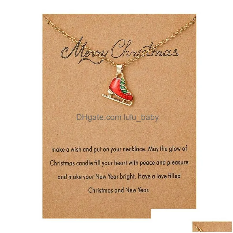 2020 merry christmas necklace with gift card santa claus tree sock snowman pendant gold chains for women girls party jewelry