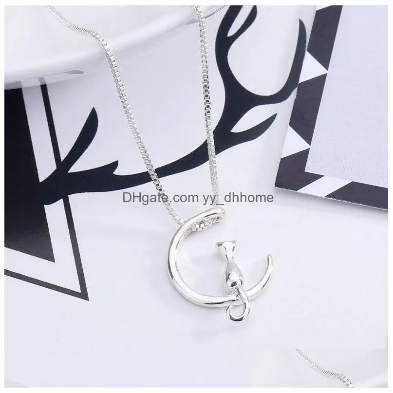  cute cat moon shape pendant necklace for women gold silver animal silver box chains fashion jewelry gift