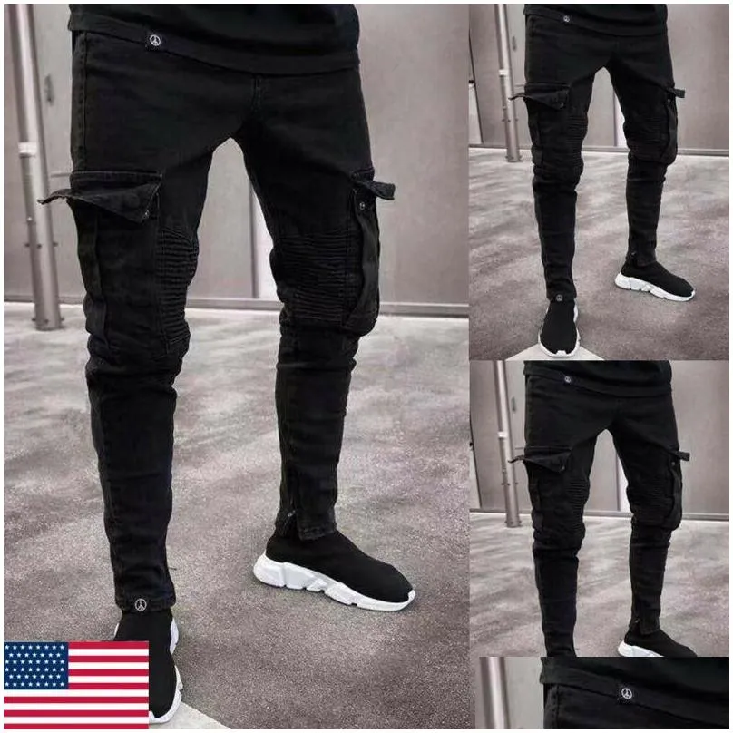 mens jeans 2021fashion black jean men denim skinny biker destroyed frayed slim fit pocket cargo pencil pants plus size s-3xl fashion