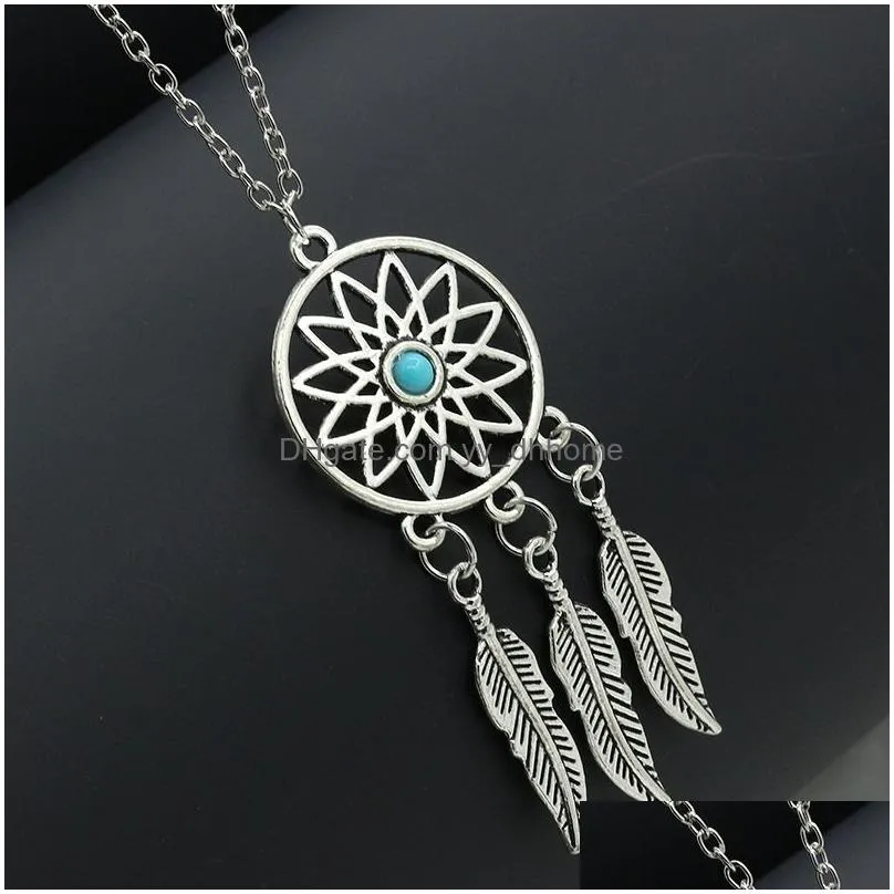  dream catchers choker necklaces vintage silver wings feather leaf turquoise pendant adjustable necklace for women s fashion