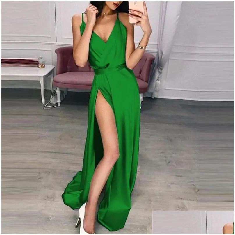 casual dresses woman party night 2022 gold satin dress long maxi elegant v neck ladies slit slip korean fashion