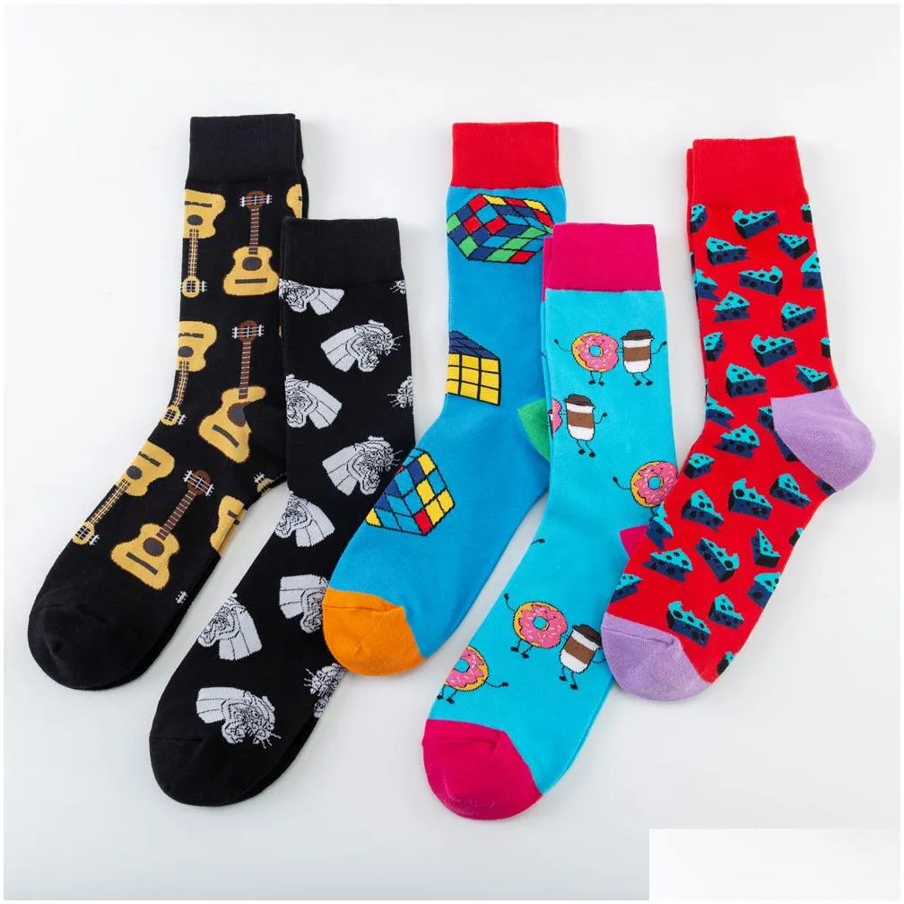 fashion cheese guitar magic cube pattern novelty crew wedding socks mens funny creative casual cotton colorful socks for male