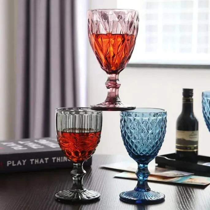 300ml Creative Red Wine Glasses European Style Vintage Embossed Stained Thicked Goblets For Birthday Beach Party