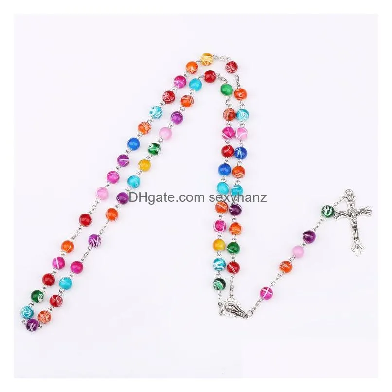  religious catholic rainbow rosary long necklaces jesus cross pendant 8mm bead chains for women men s fashion christian jewelry
