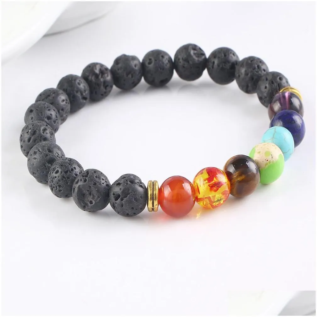 1 pcs fashion style 7 chakra healing beaded bracelet natural lava stone diffuser bracelet jewelry