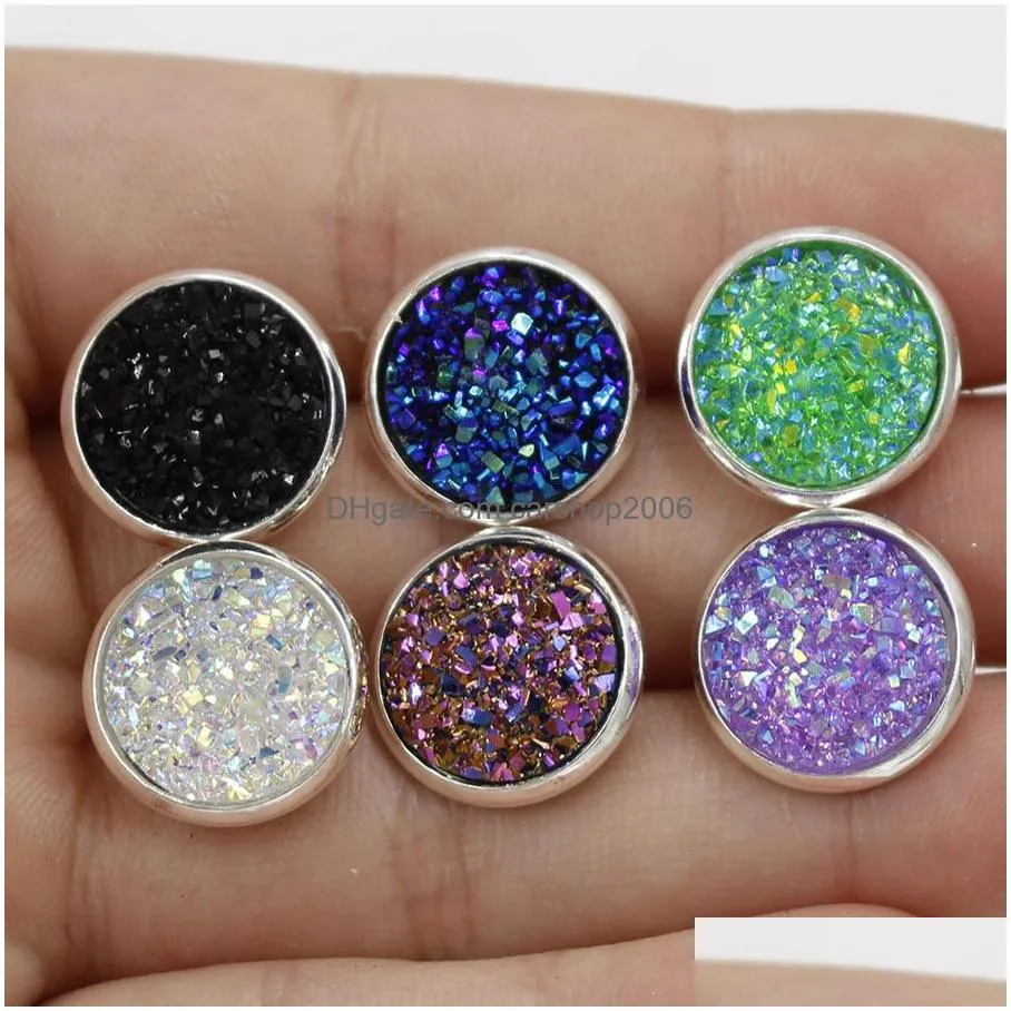 bulk 12mm round druzy stone stud earrings bling drusy resin silver earrings for women ladies fashion handmade jewelry gift