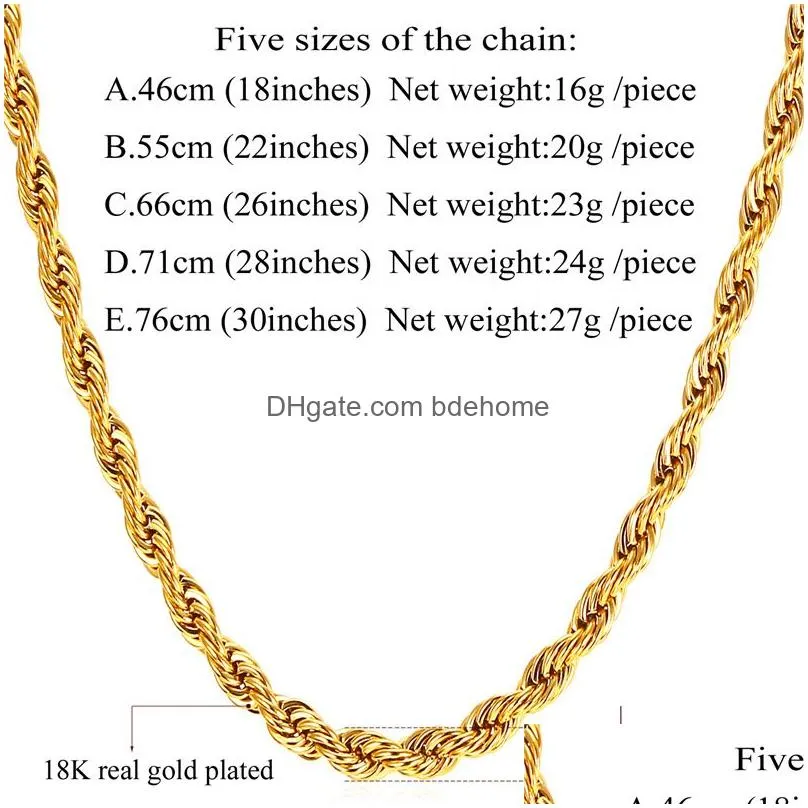 hip hop 18k gold plated stainless steel 3mm twisted rope chain womens choker necklace for men hiphop jewelry gift in bulk