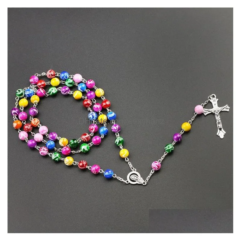  religious catholic rainbow rosary long necklaces jesus cross pendant 8mm bead chains for women men s fashion christian jewelry