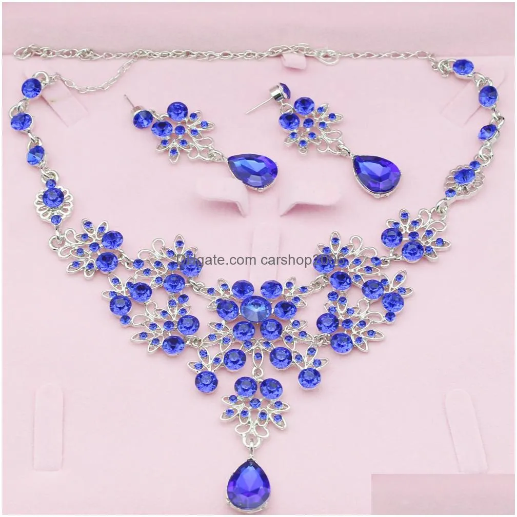6 colors women bling crystal bridal jewelry set silver diamond wedding statement necklace dangle earrings for bride bridesmaids