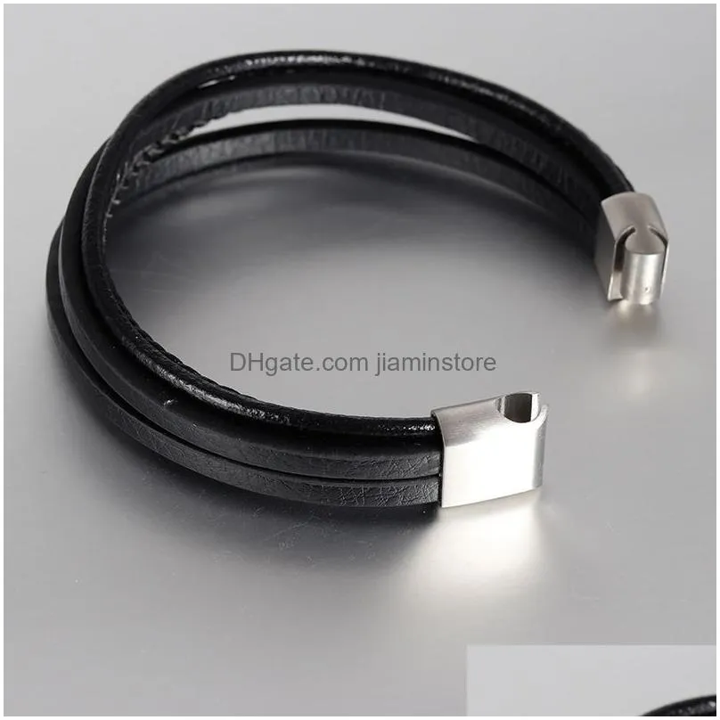 2019 classic genuine leather bracelet for men multilayer black brown woven rope wristband stainless steel clasp boys cool jewelry bulk