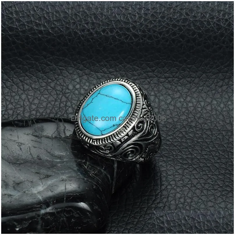 mens turquoise crack stone rings vintage retro stainless steel natural stone carved finger rings for boys fashion punk jewelry