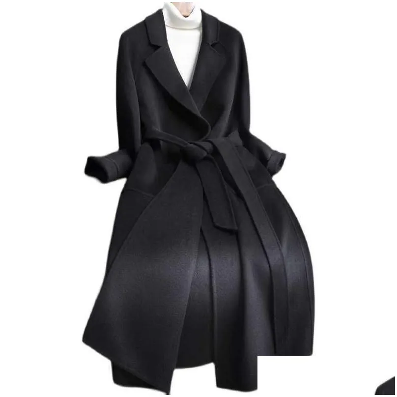 women loose long cashmere coat belt wool overcoat jacket elegant outerwear plus size 2xl 211013