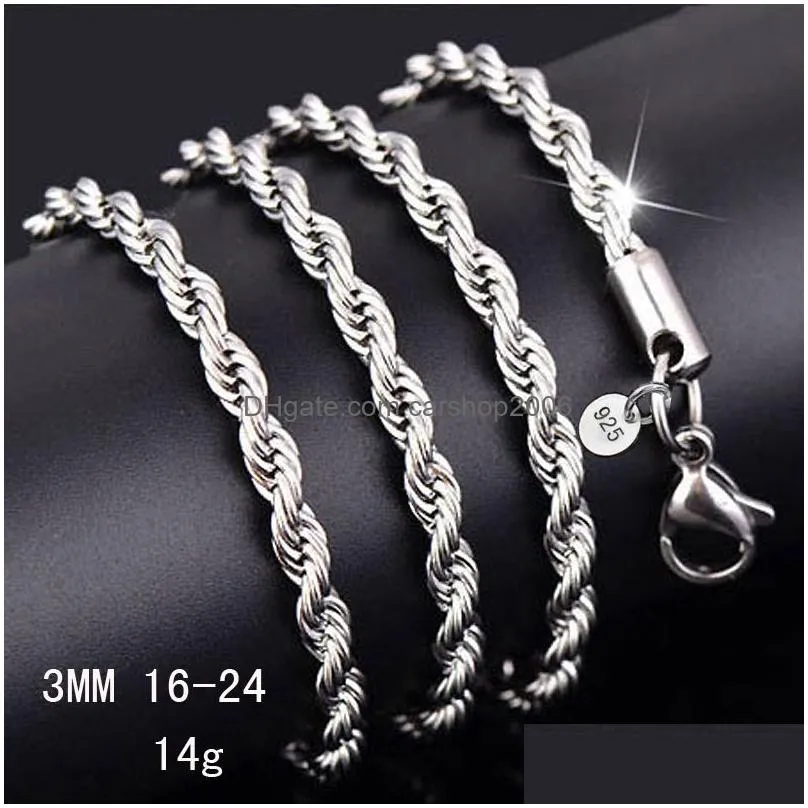 3mm 925 sterling silver twisted rope chain 16-30inches luxury silver necklaced for women men fashion diy jewelry wholesale