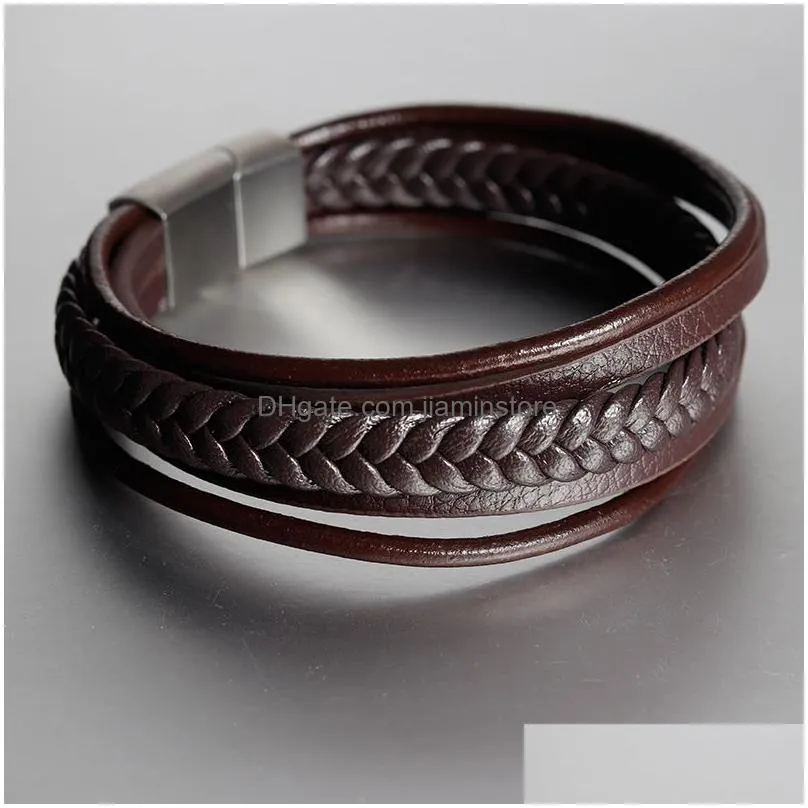 2019 classic genuine leather bracelet for men multilayer black brown woven rope wristband stainless steel clasp boys cool jewelry bulk