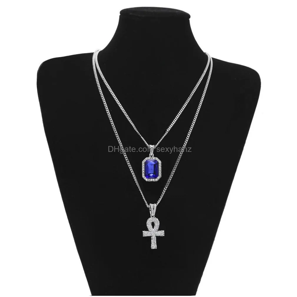 iced out egyptian ankh key of life necklace set bling cross mini gemstone pendant gold silver chain for mens hip hop jewelry bulk