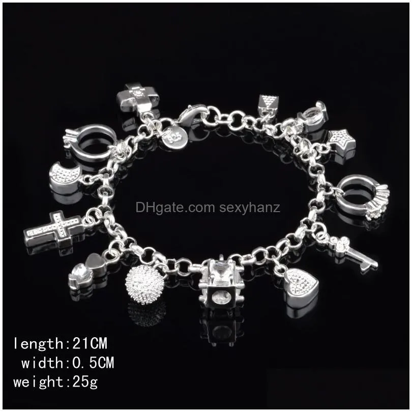 luxury 925 sterling silver chains bracelets key lock cross rings star moon love heart charm lobster clasp bangle for women fashion